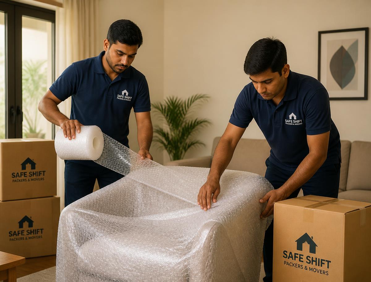 Movers wrapping furniture in bubble wrap before shifting